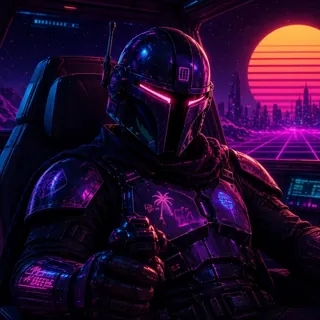 The synthalorian: a black helmet with a pink T-shaped visor, in a starship cockpit