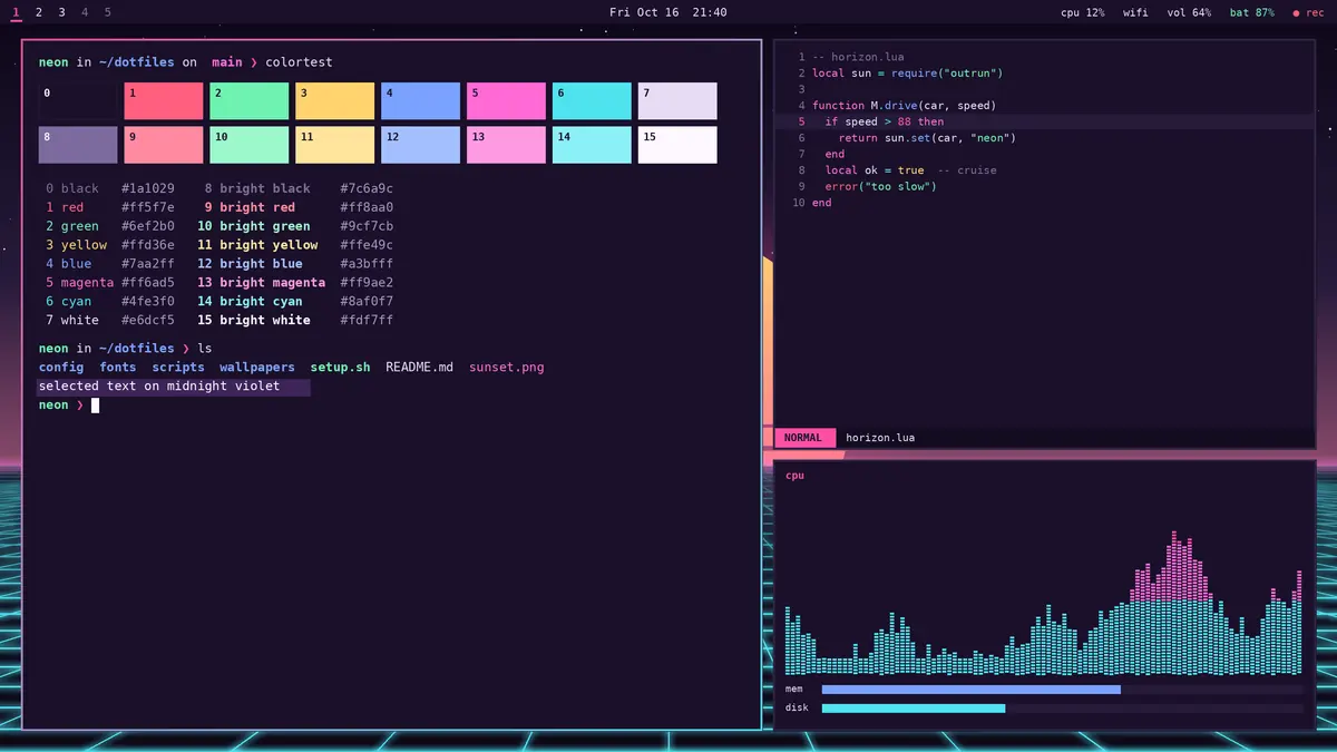 Neon Horizon terminal and editor preview