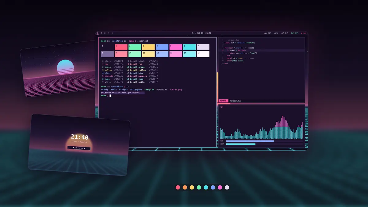 Neon Horizon theme on an Omarchy desktop