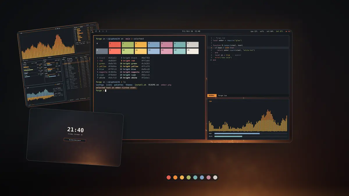 Steel & Ember theme on an Omarchy desktop